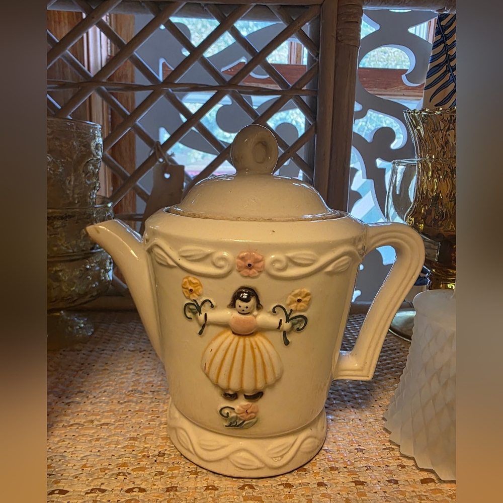 1940s Rustic Porcelier Vitreous Teapot USA Dutch Girl with Flowers